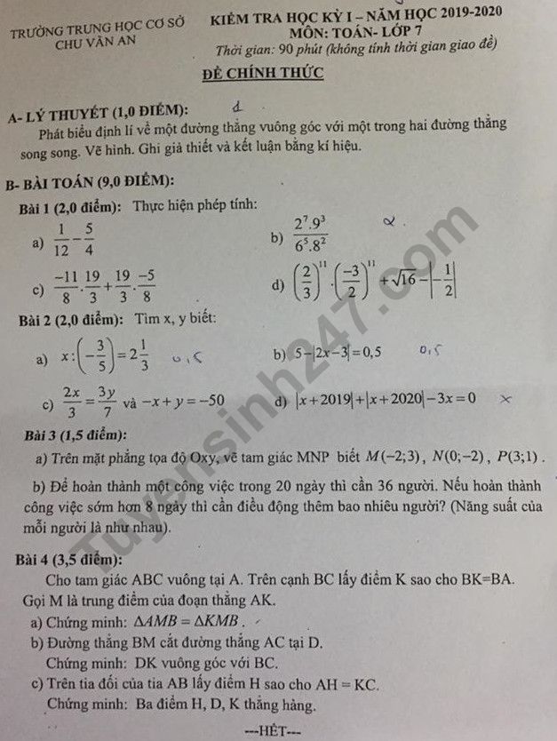 Đề thi học kì 1 môn Toán lớp 7 - THCS Chu Văn An năm 2019