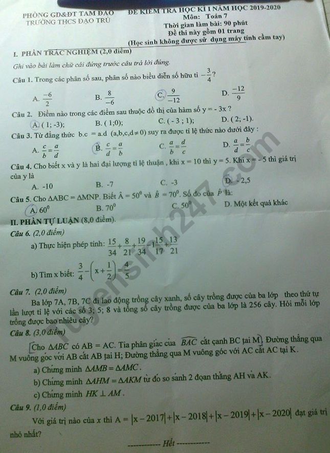 Đề thi học kì 1 môn Toán 7 - THCS Đạo Trù năm 2019