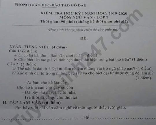 Đề thi lớp 7 kì 1 Văn Phòng GD&ĐT Gò Dầu năm 2019