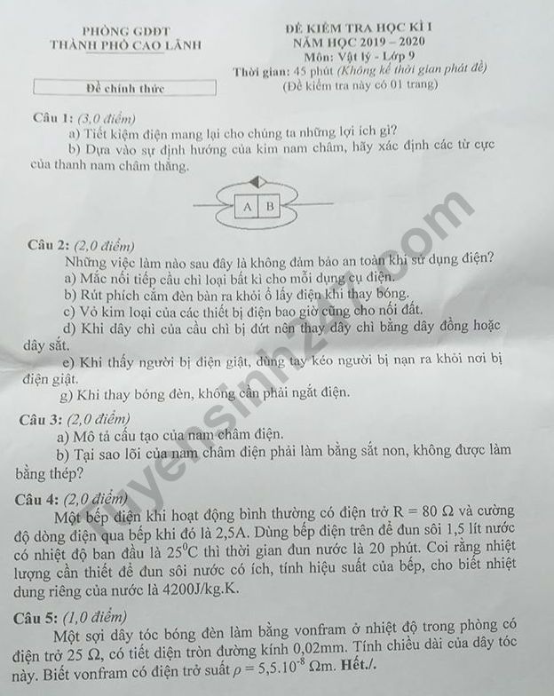 Đề thi kì 1 môn Lý lớp 9 Phòng GD Cao Lãnh 2019 - 2020