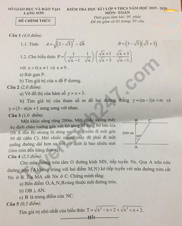 Đề thi kì 1 lớp 9 môn Toán 2019 - Sở GD Lạng Sơn