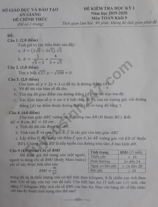 Đề thi kì 1 môn Toán lớp 9 Sở GD An Giang 2019