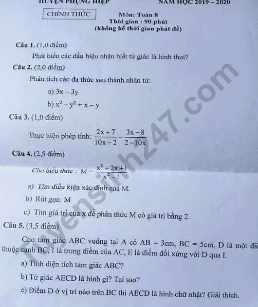 Đề thi lớp 8 kì 1 Toán Phòng GD&ĐT Phụng Hiệp năm 2019