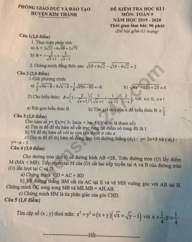 Đề thi học kì 1 môn Toán lớp 9 Phòng GD&ĐT Kim Thành năm 2019