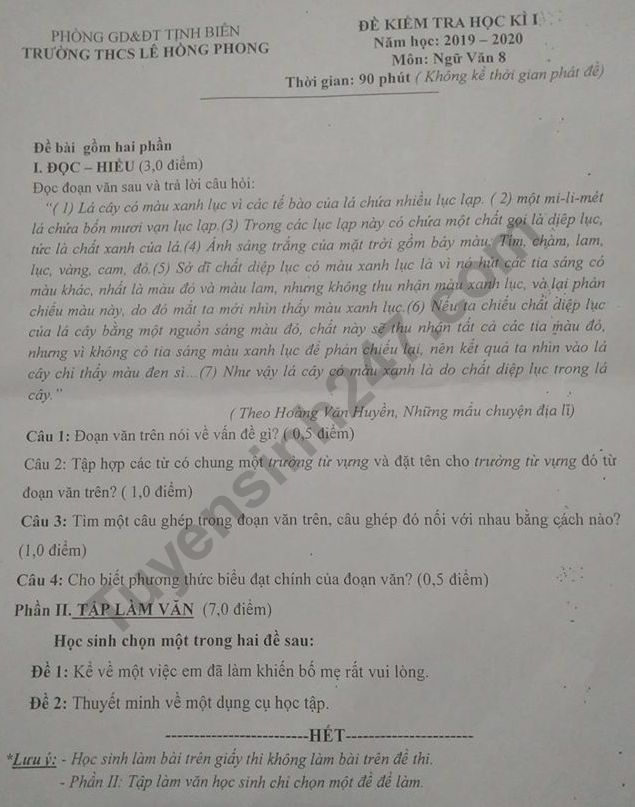 Đề thi học kì 1 môn Văn lớp 8 THCS Lê Hồng Phong năm 2019