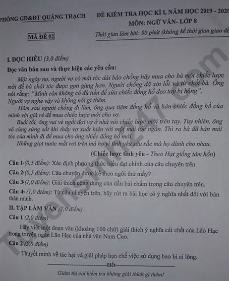 Đề thi kì 1 môn Văn lớp 8 năm 2019 Phòng GD&ĐT Quảng Trạch 