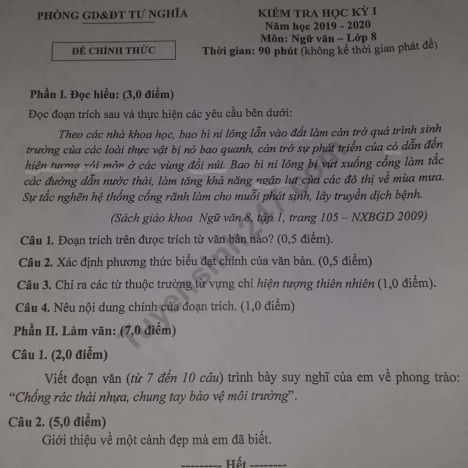 Đề thi học kì 1 lớp 8 môn Văn Phòng GD&ĐT Tư Nghĩa năm 2019