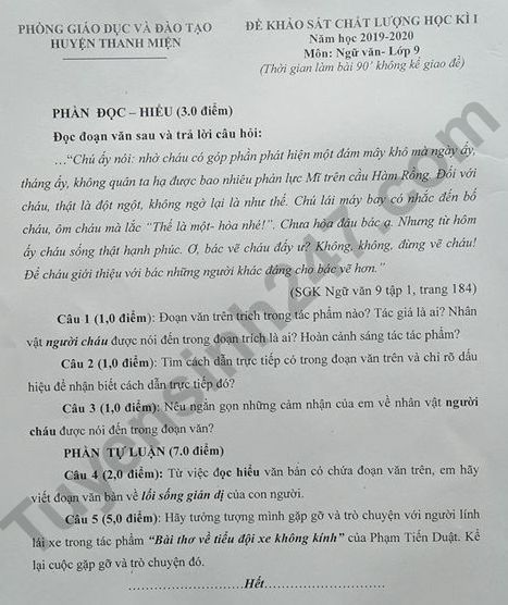 Đề thi kì 1 Văn lớp 9 Phòng GD&ĐT Thanh Miện năm 2019