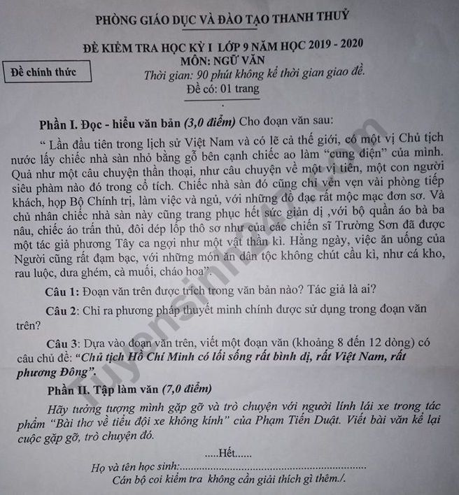 Đề thi kì 1 môn Văn lớp 9 năm 2019 Phòng GD&ĐT Thanh Thủy 