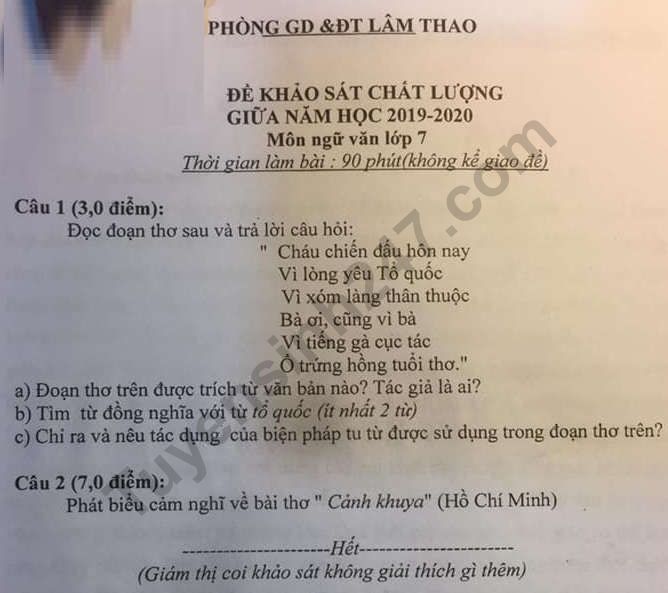 Đề thi kì 1 lớp 7 môn Văn 2019 - 2020 Phòng GD Lâm Thao