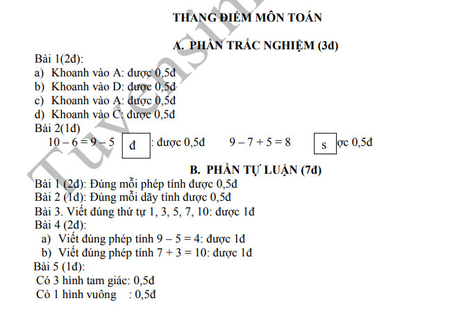 Đề thi kì 1 lớp 1 môn Toán TH Yên Phú 2019 - 2020