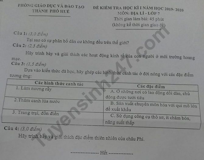 Đề thi kì 1 môn Địa lớp 7 - Phòng GD Huế 2019