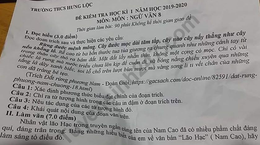 Đề thi lớp 8 môn Văn kì 1 - THCS Hưng Lộc năm 2019