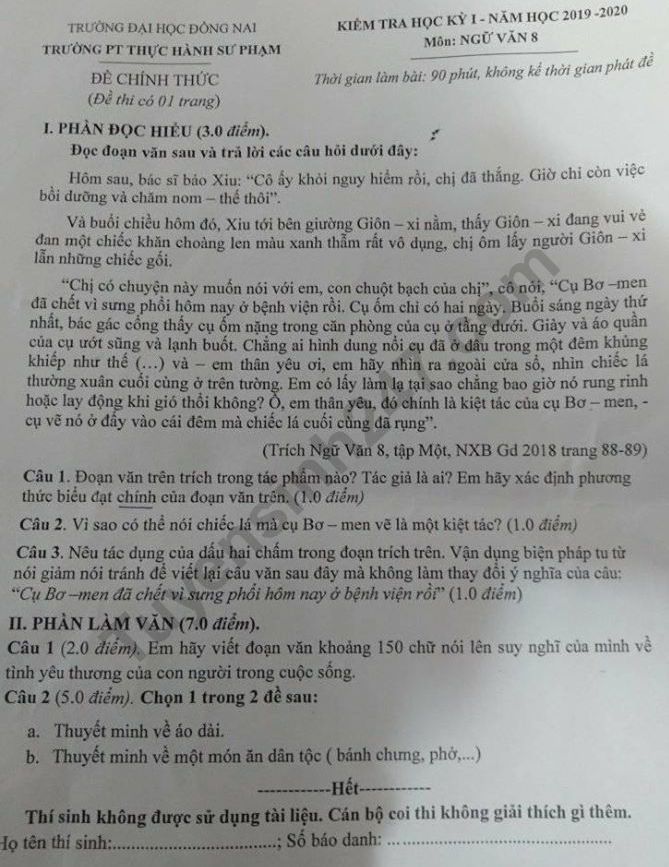 Đề thi kì 1 Văn lớp 8 năm 2019 PT Thực Hành Sư Phạm 