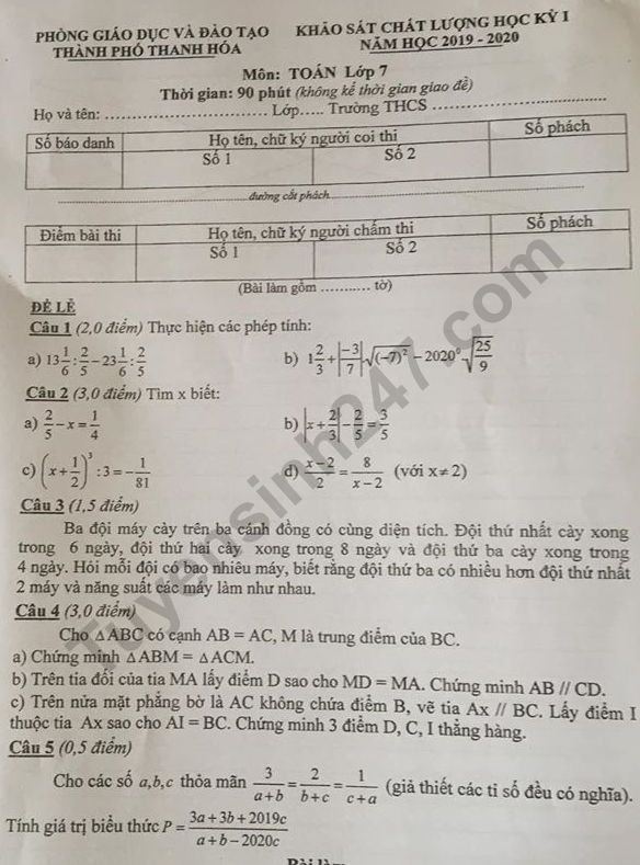 Đề thi kì 1 lớp 7 môn Toán 2019 - Phòng GD Thanh Hóa