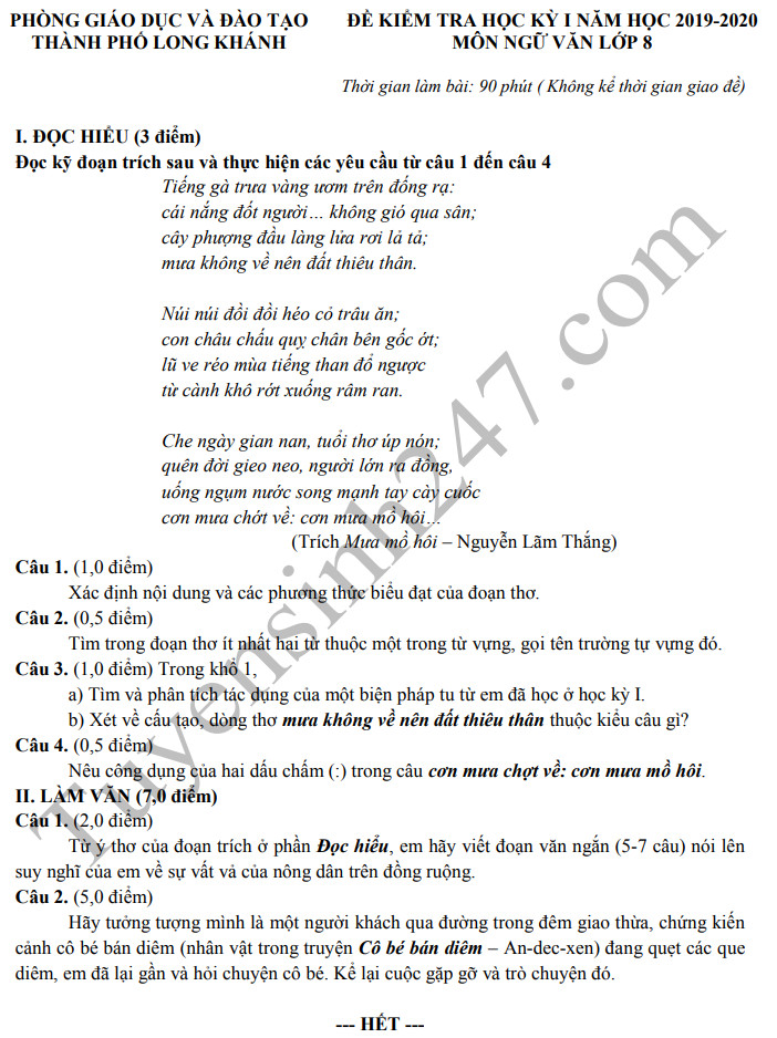 Đề thi kì 1 môn Văn lớp 8 năm 2019 - Phòng GD Long Khánh