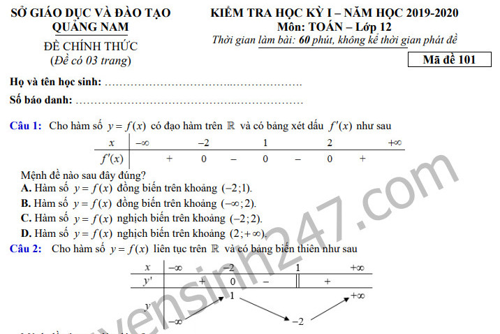 Đề thi kì 1 môn Toán lớp 12 năm 2019 Sở GD Quảng Nam