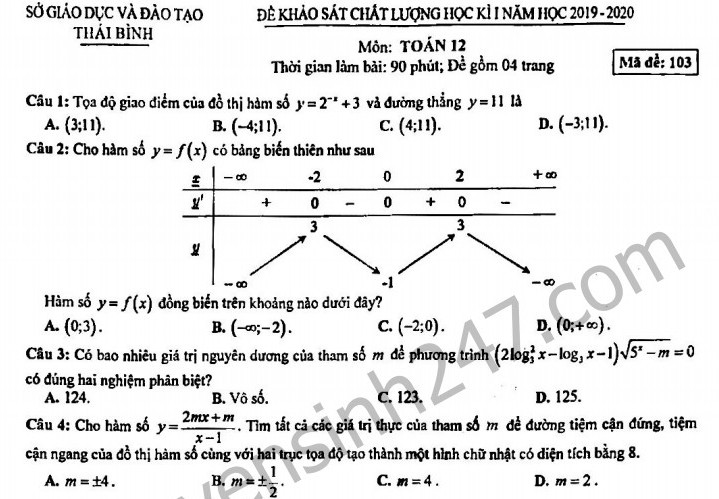 Đề thi kì 1 môn Toán lớp 12 năm 2019 - Sở GD Thái Bình