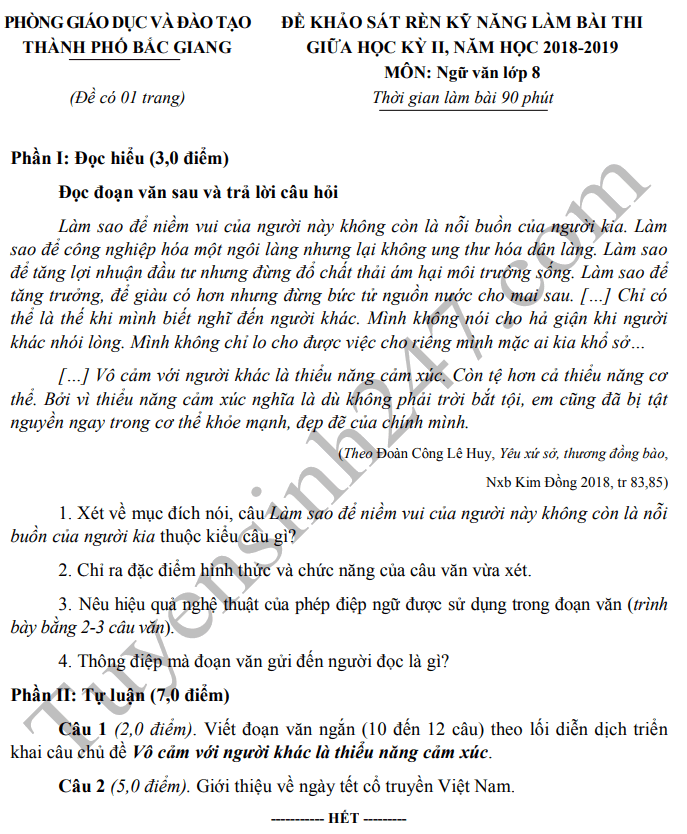 Đề thi giữa kì 2 môn Văn lớp 8 Phòng GD Bắc Giang 2019