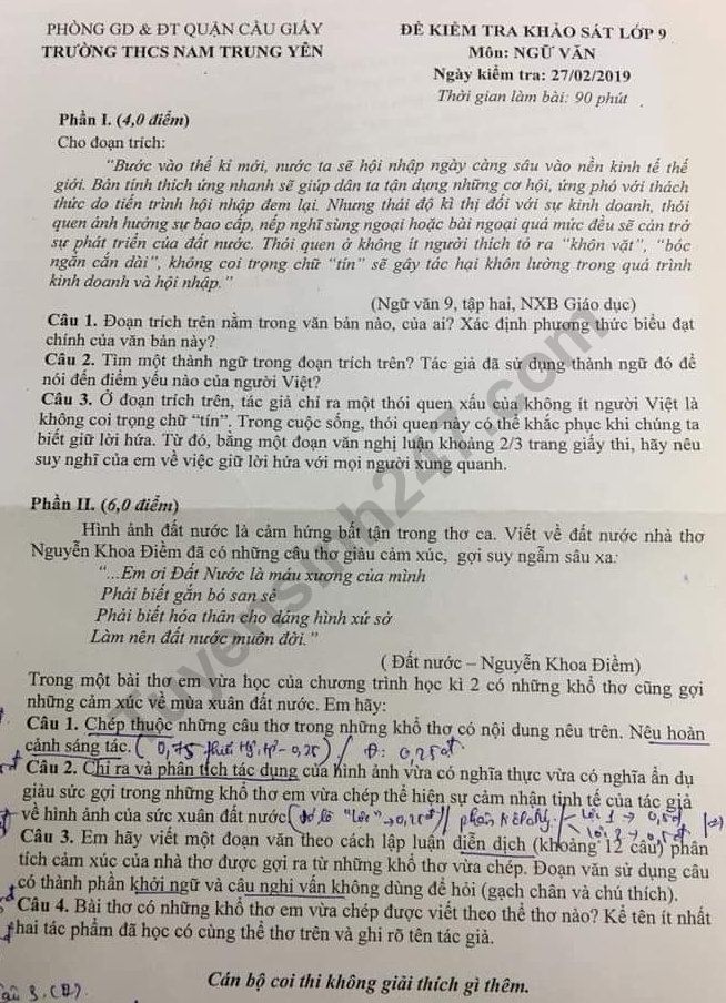 Đề thi giữa kì 2 môn Văn lớp 9 - THCS Nam Trung Yên 2019