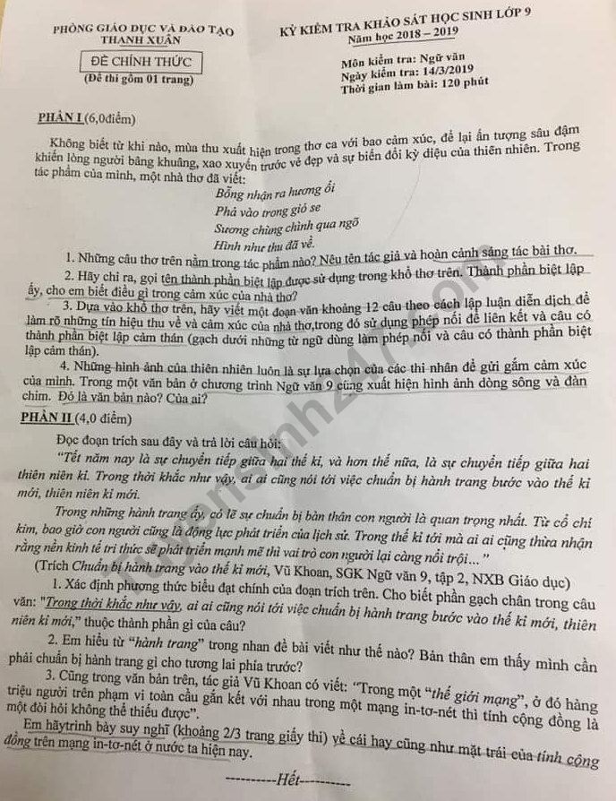 Đề thi giữa kì 2 môn Văn lớp 9 - Phòng GD Thanh Xuân 2019
