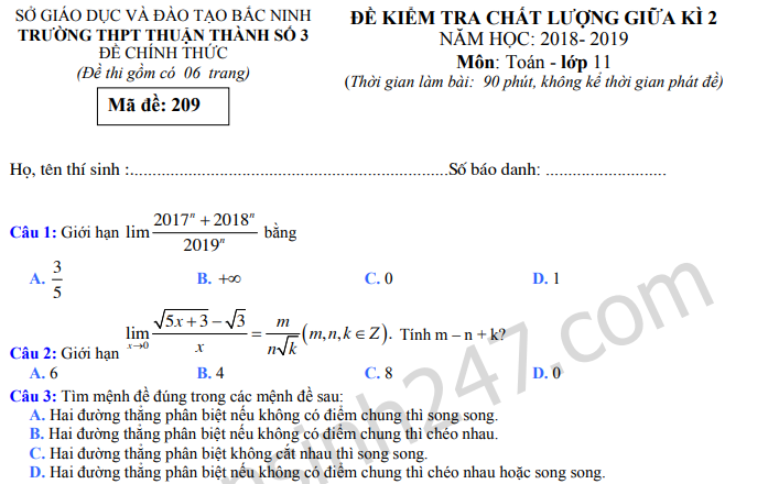 Đề thi giữa kì 2 môn Toán lớp 11 - THPT Thuận Thành 3 năm 2019