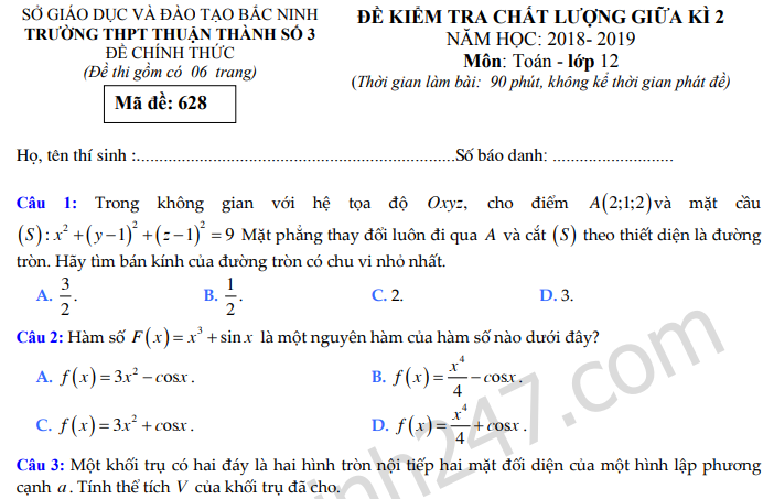 Đề thi giữa kì 2 môn Toán lớp 12 năm 2019 - THPT Thuận Thành 3