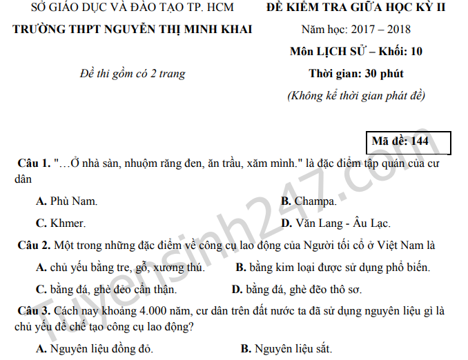 Đề thi giữa kì 2 môn Sử 2018 lớp 10 THPT Nguyễn Thị Minh Khai