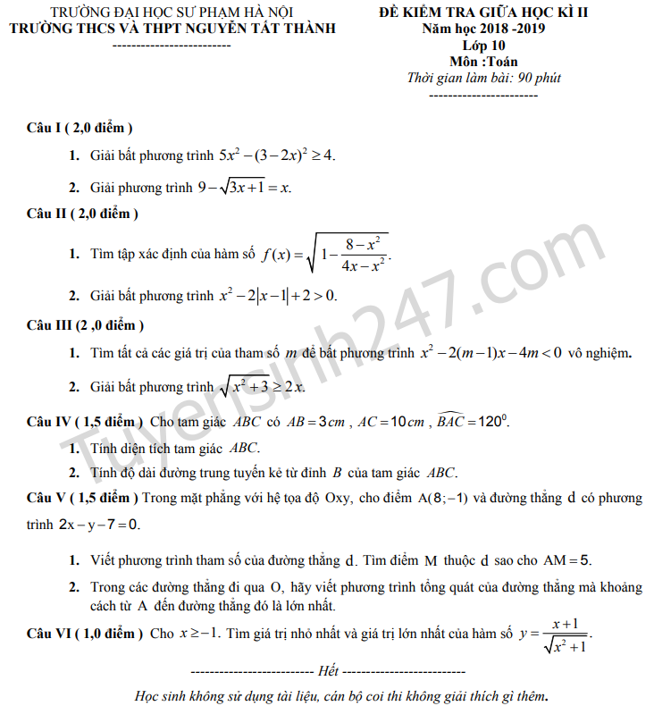 Đề thi giữa kì 2 lớp 10 môn Toán THPT Nguyễn Tất Thành 2019