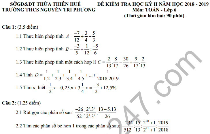 Đề thi học kì 2 lớp 6 môn Toán 2019 - THCS Nguyễn Tri Phương