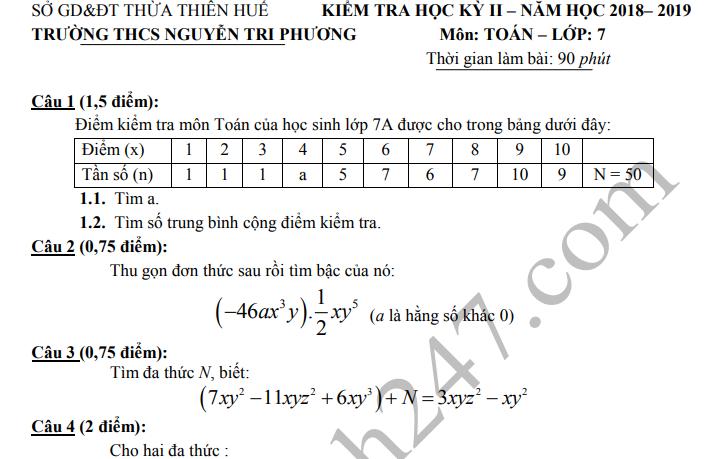 Đề thi kì 2 môn Toán lớp 7 - THCS Nguyễn Tri Phương 2019