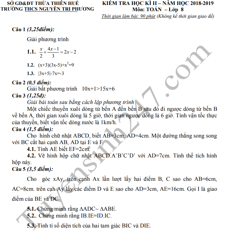 Đề thi kì 2 lớp 8 môn Toán 2019 - THCS Nguyễn Tri Phương