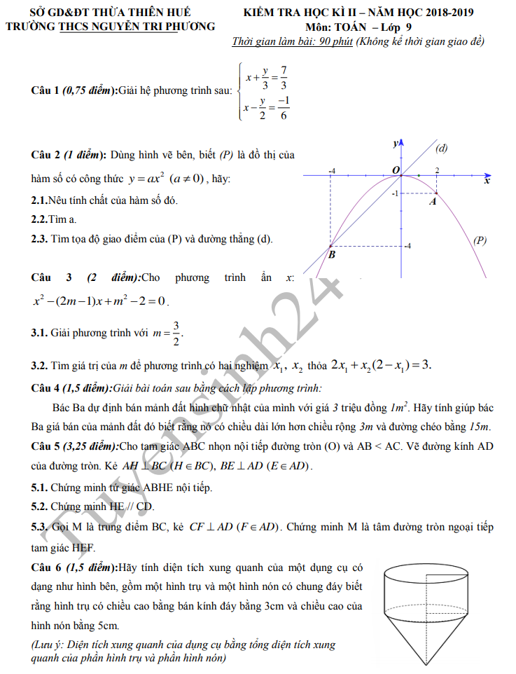Đề thi kì 2 môn Toán lớp 9 năm 2019 - THCS Nguyễn Tri Phương 
