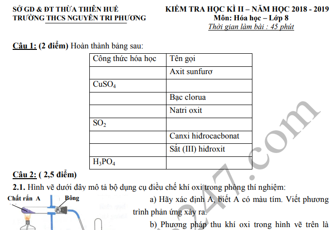 Đề thi kì 2 môn Hóa lớp 8 năm 2019 - THCS Nguyễn Tri Phương