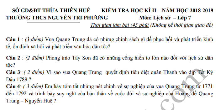 Đề thi kì 2 lớp 7 môn Sử - THCS Nguyễn Tri Phương 2019
