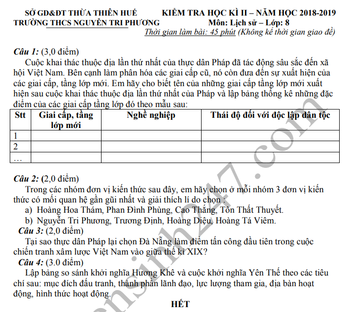Đề thi kì 2 lớp 8 môn Sử 2019 - THCS Nguyễn Tri Phương