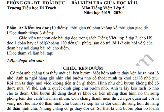 Đề thi giữa kì 2 môn Tiếng Việt lớp 5 - TH Di Trạch 2020