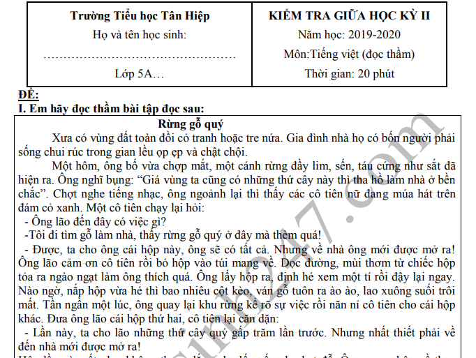 Đề thi giữa kì 2 lớp 5 môn Tiếng Việt 2020 - TH Tân Hiệp