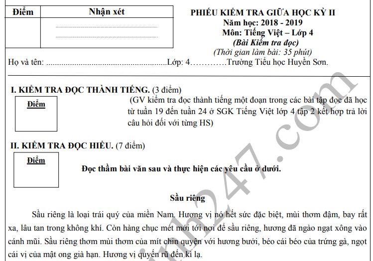 Đề kiểm tra giữa kì 2 lớp 4 môn Tiếng Việt - TH Huyền Sơn 2019