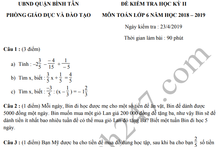 Đề thi kì 2 môn Toán lớp 6 năm 2019 - Quận Bình Tân