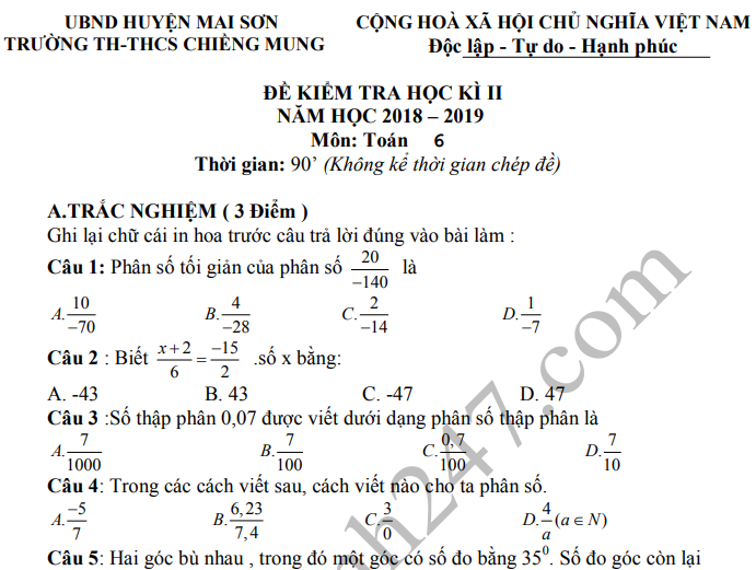 Đề thi kì 2 lớp 6 môn Toán 2019 - THCS Chiềng Mung 2019