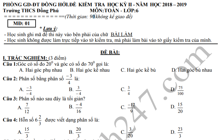 Đề thi kì 2 lớp 6 môn Toán 2019 - THCS Đồng Phú