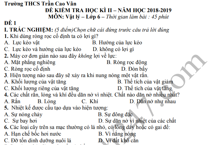 Đề thi kì 2 môn Lý lớp 6 - THCS Trần Cao Vân 2019