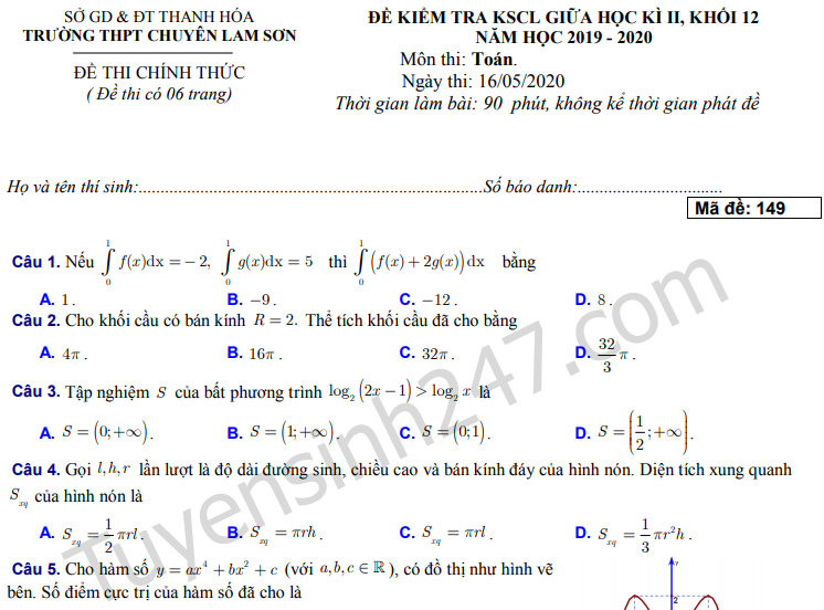 Đề thi giữa kì 2 môn Toán lớp 12 năm 2020 - Có đáp án Chuyên Lam Sơn