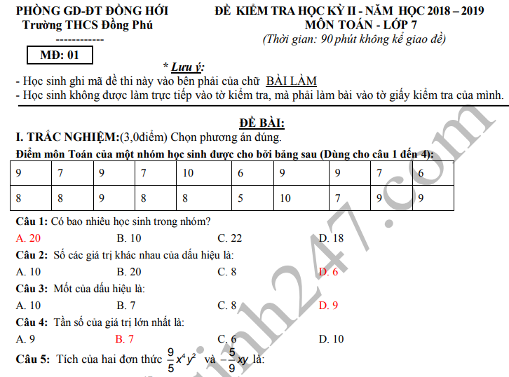 Đề thi kì 2 lớp 7 môn Toán 2019 - THCS Đồng Phú