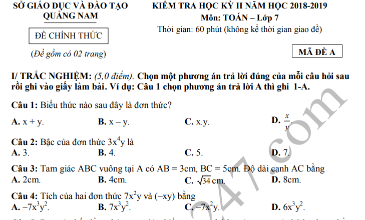 Đề thi kì 2 môn Toán lớp 7 - Sở GD Quảng Nam 2019