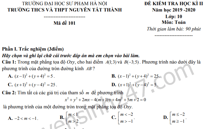 Đề thi kì 2 môn Toán lớp 10 - THPT Nguyễn Tất Thành 2020