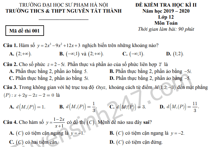 Đề thi kì 2 lớp 12 môn Toán 2020 - THCS THPT Nguyễn Tất Thành