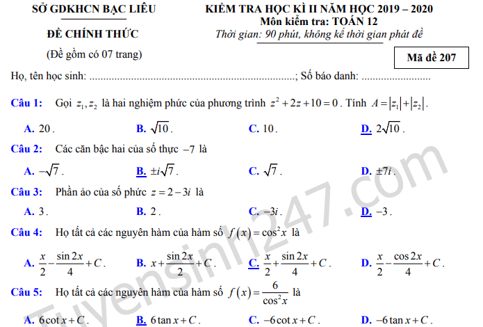 Đề thi kì 2 môn Toán lớp 12 năm 2020 - Sở GD Bạc Liêu