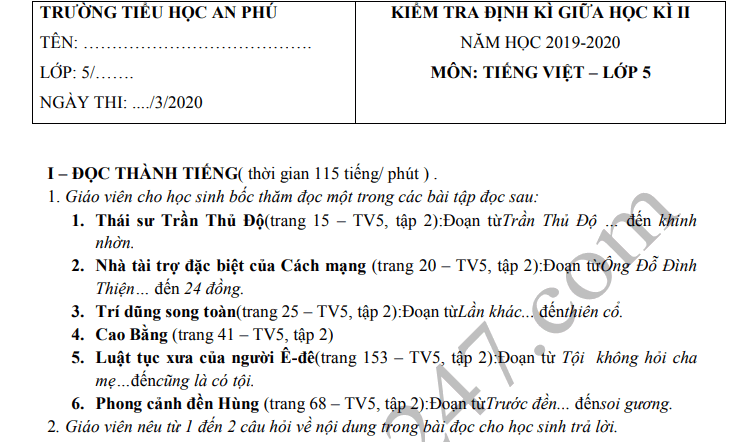 Đề thi giữa kì 2 lớp 5 năm 2020 môn Tiếng Việt - TH An Phú